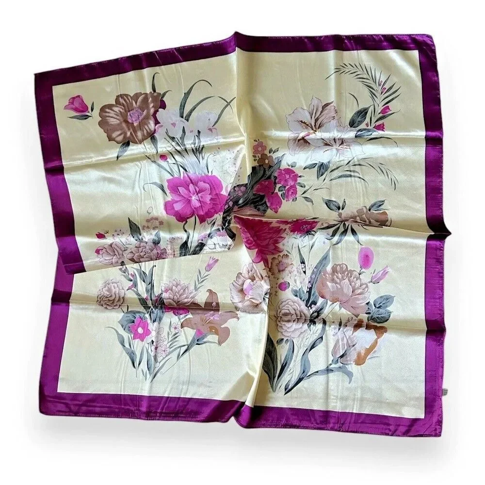 Purple Edges & Beige Scarf 35” X 35” Women Scarve Floral Headscarf